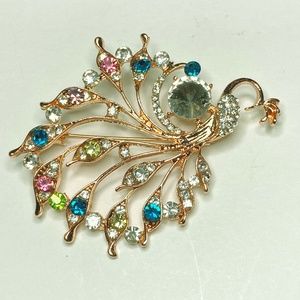 Dainty Peacock Brooch Pin with Rhinestones.